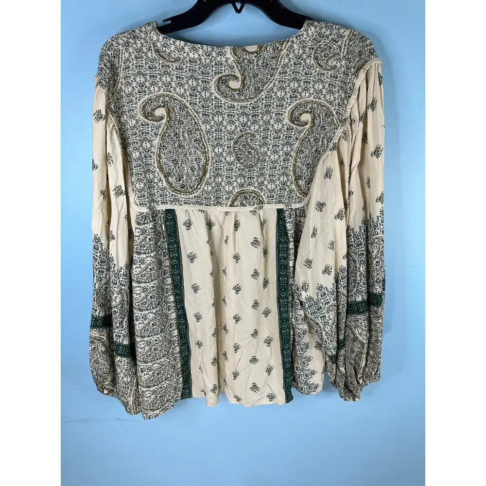 See And Be Seen green and cream paisley print top Boho peasant hippie SIze 2XL